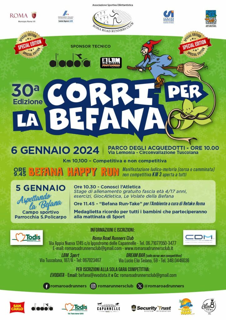Il 6 gennaio 2024 la 30^ edizione della manifestazione podistica organizzata dal Roma Road Runners Club